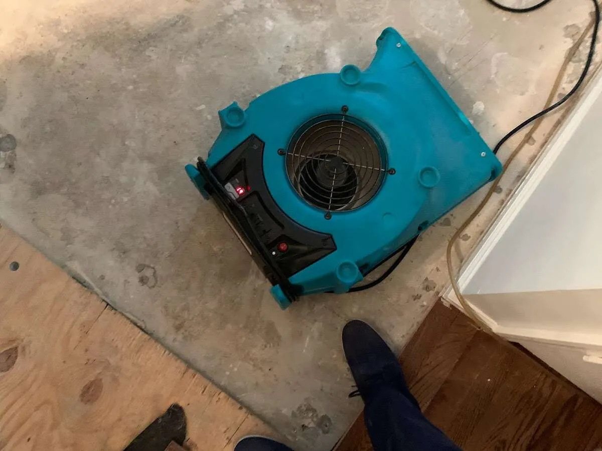 Air mover drying subfloor during Commercial Water Damage Restoration in Rosendale